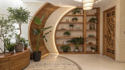 Aufkleber - Modern home decor corner boasts an organic design with a wooden shelf, potted plants, and a stylish lamp, creating a warm and inviting atmosphere