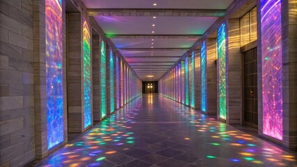 Aufkleber - Empty modern corridor with iridescent vertical walls is illuminated with colorful lights. Creating vibrant reflections on the polished floor and adding a touch of magic to the architectural design