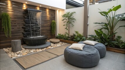 Poster - Modern indoor patio design showcasing a tranquil waterfall feature against a wooden wall. Complemented by lush greenery. Comfortable bean bags. And soft cushions. Creating a serene and inviting space