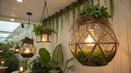Aufkleber - Several hanging terrariums with illuminated light bulbs create a cozy and inviting atmosphere in a nook filled with lush greenery, providing a touch of nature and tranquility