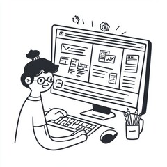 Poster - A focused young woman with glasses works on a computer, surrounded by stationery, in a creative digital workspace.