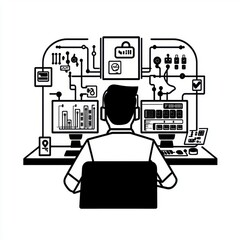 Poster - A male professional engages with technology at a desk, surrounded by digital data and security visuals.