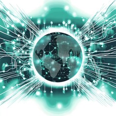 Poster - A digital representation of the Earth interconnected by glowing lines and circuits, showcasing technology and innovation.