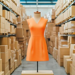 A vibrant orange dress displayed on a mannequin in a warehouse filled with cardboard boxes, showcasing retail and fashion logistics.