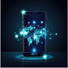 Poster - A futuristic smartphone displays a glowing world map, symbolizing global connectivity and digital communication.