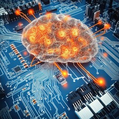 Poster - A digital brain concept intertwined with a circuit board, showcasing the fusion of technology and intelligence.