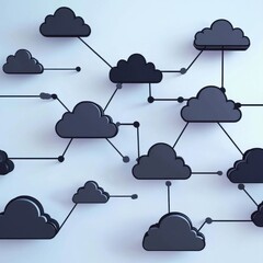 Poster - Abstract network of interconnected black clouds on a soft blue background, symbolizing digital cloud computing.