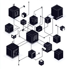 Poster - Abstract black and white illustration of interconnected data cubes and networks, symbolizing technology and digital systems.