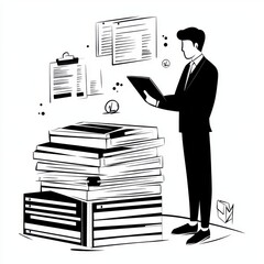 Poster - A young professional man reviews documents, surrounded by a stack of paperwork, embodying a diligent work ethic.