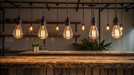 Poster - Vintagestyle pendant lights with Edison bulbs dangle low above a weathered wooden countertop creating a nostalgic vibe that complements the rustic texture beneath.