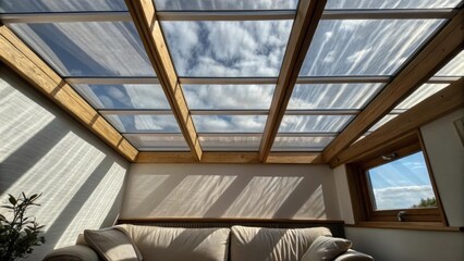 Poster - Underneath the skylight the protective plastic sheeting ripples gently in response to a light breeze casting a serene pattern of shadows on the surrounding furniture.