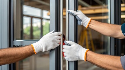 Aufkleber - Two workers hands clad in work gloves carefully adjust the sliding glass door highlighting the craftsmanship and attention to detail during the installation process.