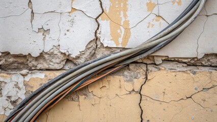 Aufkleber - Tight shot of exposed cables pushing through a cracked plaster wall where aging layers of paint and grime tell a story of time and transformation.