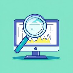 Poster - a colorful illustration of a computer screen displaying data analytics with a magnifying glass overl