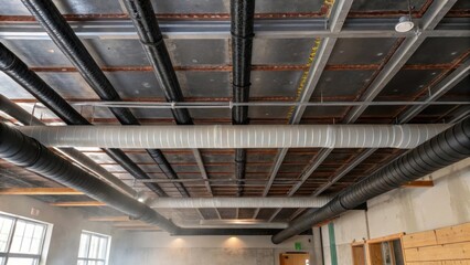 Aufkleber - The unfinished ceiling is filled with a crisscrossing pattern of black and gray ducts some rusted conveying a sense of history amidst the renovation while dust motes float gently