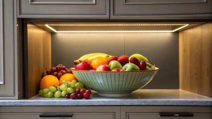 Aufkleber - The undercabinet light outlines the edges of a vibrant fruit bowl causing the reds yellows and greens to pop against the backdrop of muted cabinet colors and creating a feast for
