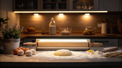 Poster - The undercabinet lighting casts a welcoming glow over a baking station illuminating a rolling pin and a selection of flourdusted ingredients inviting creativity in a warm cozy