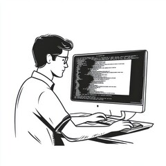 Poster - Young Caucasian male programming on a desktop computer with coding on the screen.