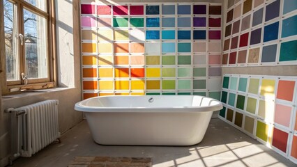 Aufkleber - The tub sits surrounded by colorful paint swatches a visual cacophony of potential color choices resting against the unfinished wall vying for space in the sunlight that spills in.
