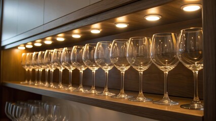 Poster - The undercabinet light casts an inviting glow over a seamless row of crystalclear wine glasses accentuating their shapes and reflections while the soft light brings warmth to the