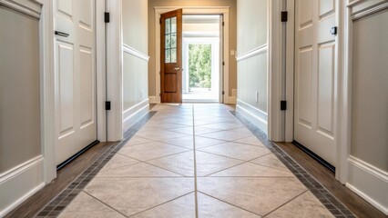 Poster - The transition from the hallway to a new entryway with tiled flooring peeking through the threshold and a seamless flow of design.