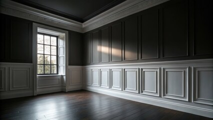 Aufkleber - The stark white of the unpainted trim runs along the walls accentuating the dness of the space as light filters through a nearby window.