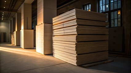 Aufkleber - The silhouette of drywall stacks against a backdrop of a dimly lit room with the textures and color tones of the sheets creating an intriguing visual contrast.