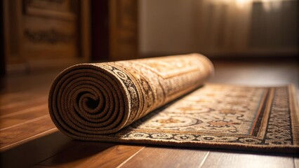 Poster - The rooms floor is illuminated softly while a tightly rolledup rug is positioned nearby decorated with intricate patterns that tell of forgotten warmth and comfort.