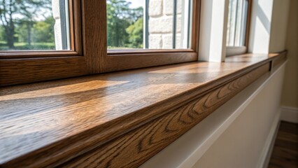 Aufkleber - The rich texture of stained oak on the window ledge contrasts beautifully with the pale walls while a bit of sunlight glints off the surface creating a warm ambiance.