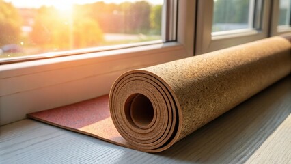 Aufkleber - The roll is positioned near a window the sunlight revealing a rich spectrum of shades within the cork creating a warm glow that would enhance any living space.