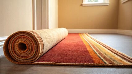 Poster - The roll of carpet is partially unfurled showcasing a warm color palette that harmonizes with the surrounding neutral walls bringing a cozy feel to the blank canvas.