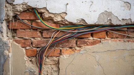 Aufkleber - The rough surface of a wall revealing old brick and plaster patches with a network of tangled wiring in various colors partially adhered to the uneven structure.