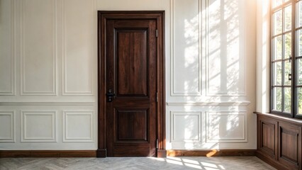Aufkleber - The rich grain of a darkstained door contrasts beautifully with the pristine pastelhued wall behind it the doors edges catching the gentle light filtering through a nearby window.