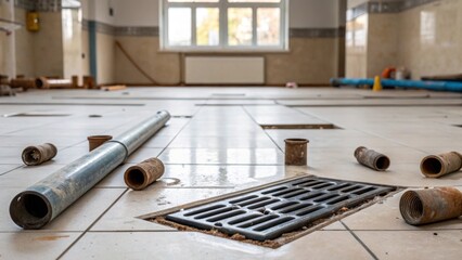 Aufkleber - The remnants of old plumbing pipes s across the open floor plan juxtaposed with a shiny new drainage system that is partially visible beneath a waiting floor tile.