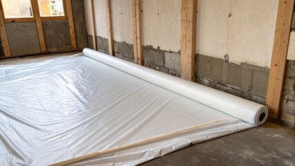 Aufkleber - The protective covering is partially unrolled revealing a smooth seamless surface that contrasts with the unfinished edges of the surrounding walls.