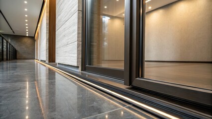 Poster - The play of reflections on the sliding door track reveals its polished surface contrasting with the matte finish of the wall inviting a sense of contemporary style.