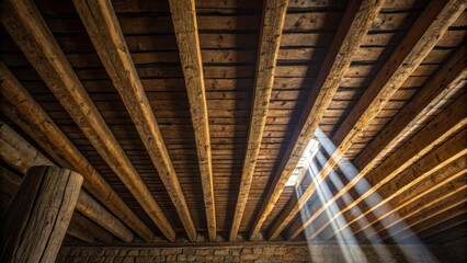 Aufkleber - The play of light on the textured surface of the beams revealing deep crevices and lighter striations creating a dynamic and engaging visual narrative overhead.