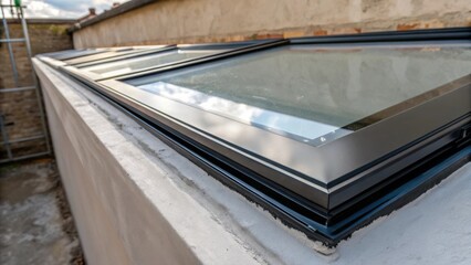 Poster - The lens focuses on the protective peeloff film on the edge of the skylight glass revealing a glossy finish underneath and the juxtaposition of the unfinished wall.