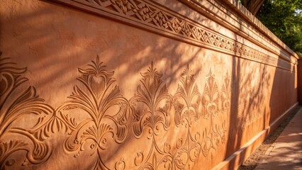 Poster - The intricate detail of a painted wall in warm terracotta with shadows creating depth around the light brushwork giving an overall sense of warmth and inviting aesthetics.