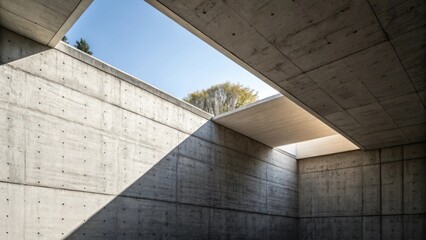 Aufkleber - The intersection of the concrete wall and a ceiling with clean lines noted for their stark contrast where light and shadow play across the surfaces creating a serene atmosphere.