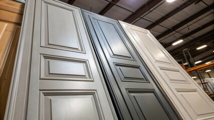 Poster - The interplay of light and shadow on a stack of prehung doors emphasizing the difference between the matte and gloss finishes of the paint creating dynamic visual interest.
