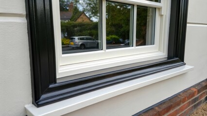 Poster - The frame of the window freshly painted and impeccably clean accented by the contrasting dark weatherproofing that clings to the edges for a polished look.
