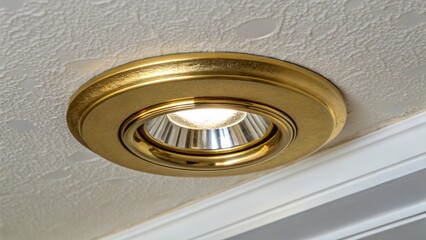Poster - The gleam of a polished brass trim on a recessed light catching the eye against the matte texture of its surrounding ceiling surface.