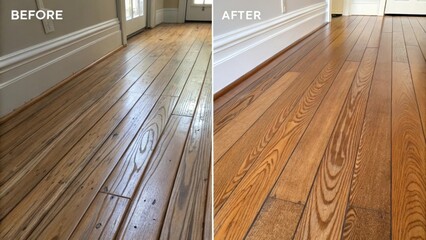 Aufkleber - The floorboards and sanded display natural wood grain patterns highlighting the craftsmanship behind the beforeandafter transformation all tered with fine dust from recent