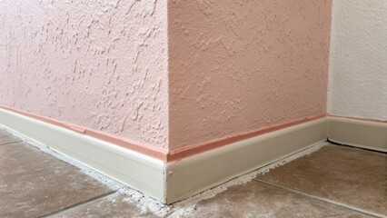 Aufkleber - The corner of a room featuring a sample patch of muted blush pink the delicate color juxtaposed against the rough untreated drywall.