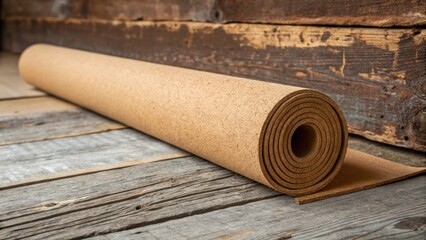 Aufkleber - The cork flooring roll leans against a rustic wooden beam showing the juxtaposition between the organic softness of the cork and the rugged texture of reclaimed wood.