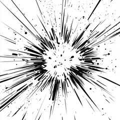 Poster - Dynamic black and white explosion illustration with radiating lines and splatters.