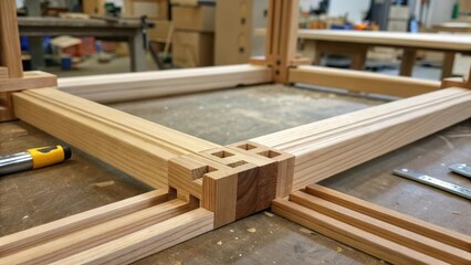 Poster - The connectivity of frame joints is highlighted showing intricate woodwork with dowels joining two pieces seamlessly set against the backdrop of chaotic workshop elements.
