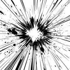 Poster - Dynamic abstract explosion of black splatter on a white background, conveying energy and motion.