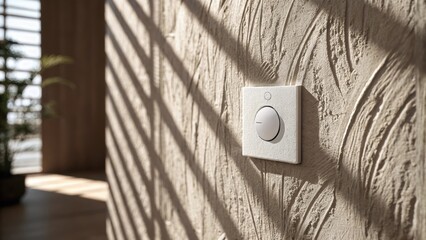 Poster - The closeup reveals a textured wall with a matte finish where a minimalist round light switch is seamlessly integrated accented by delicate shadows from nearby ambient light.